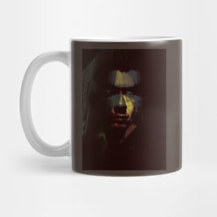 Portrait, digital collage and special processing. Man face. Very weird. Dim, some blood, glowing eyes. Mug